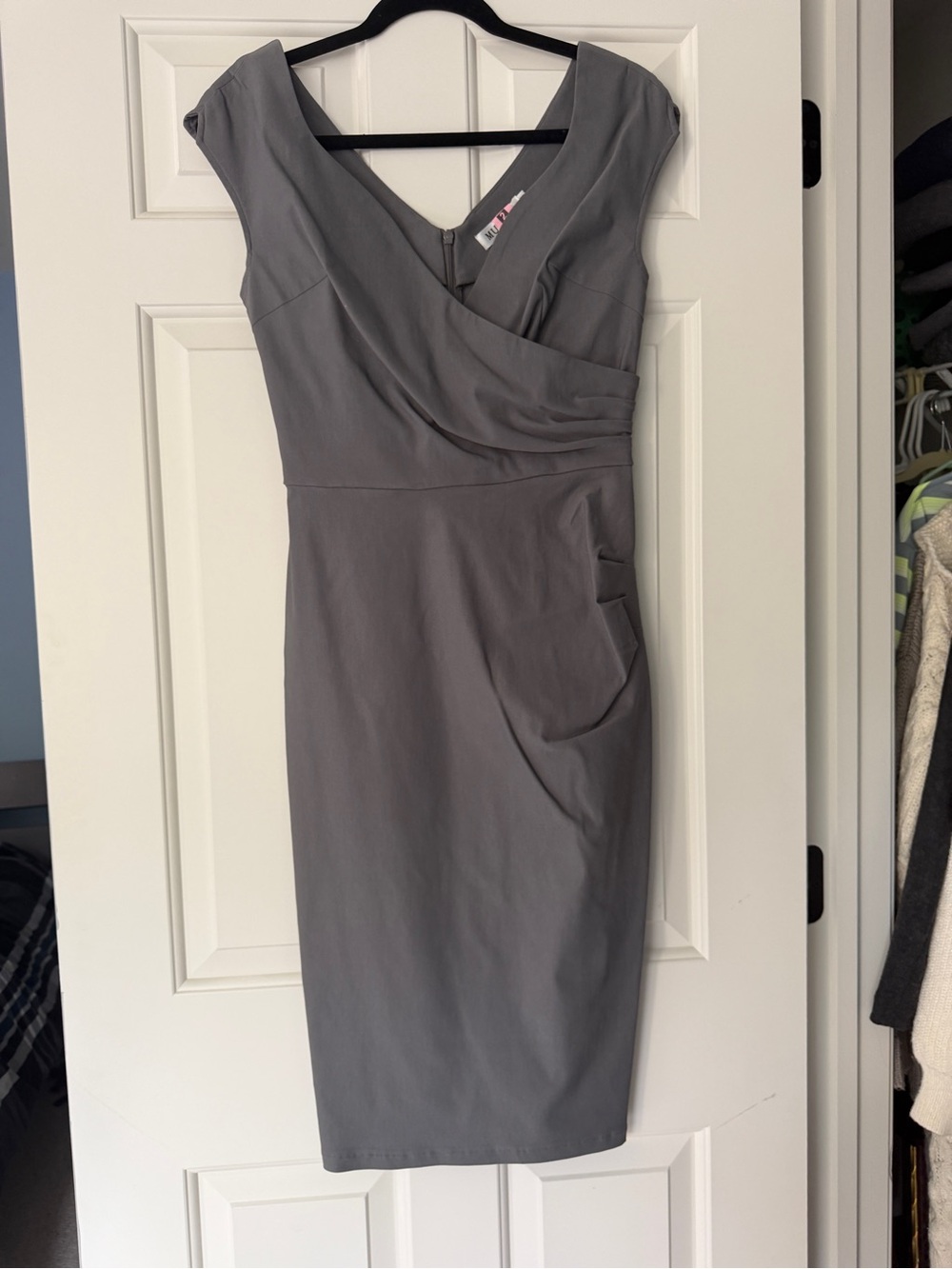 Elegant Gray Midi Sheath Dress with Draped V-Neck